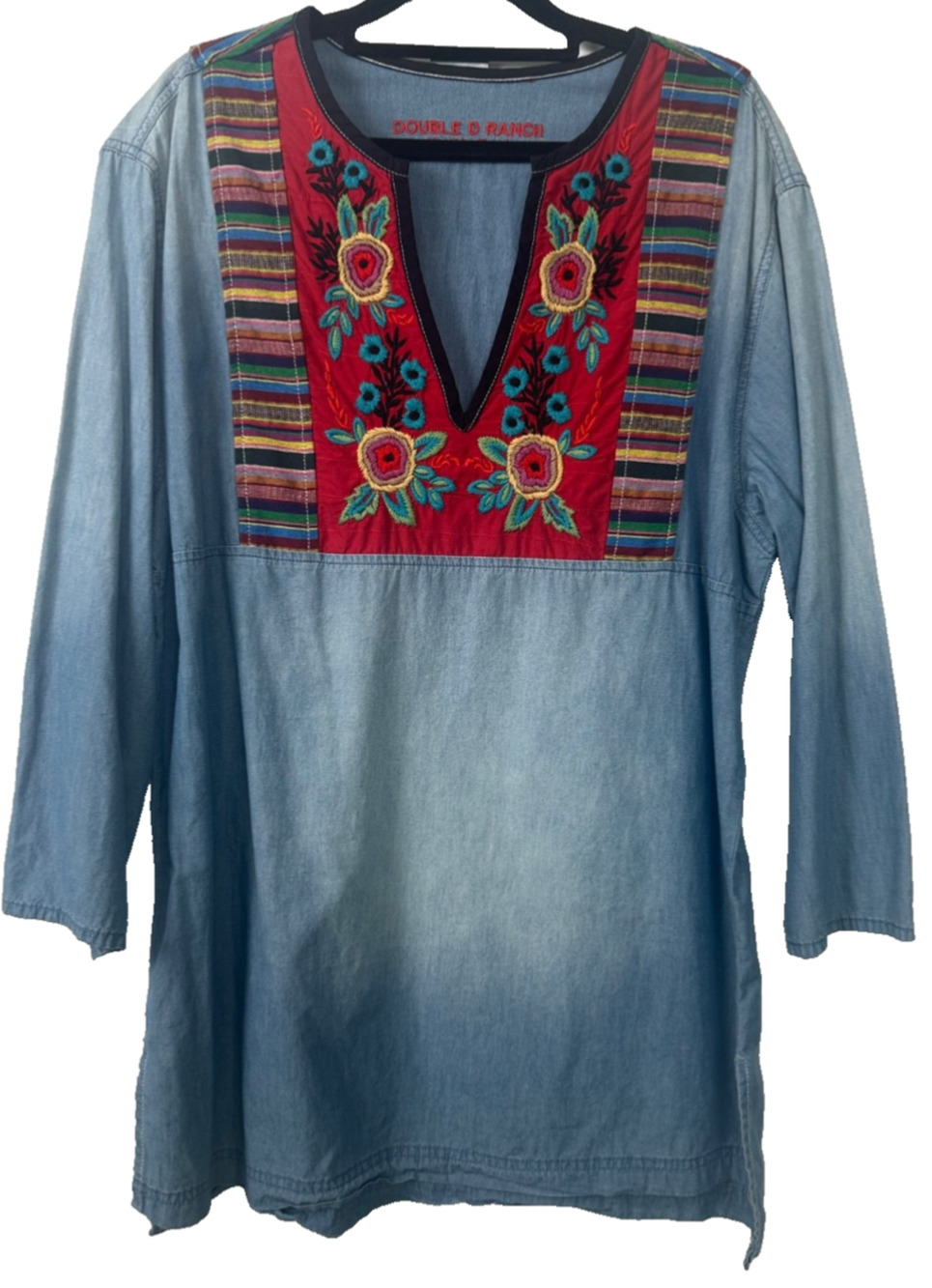 DOUBLE D RANCH L Floral Embroidered Denim Western Tunic Top Yoakum Texas A21